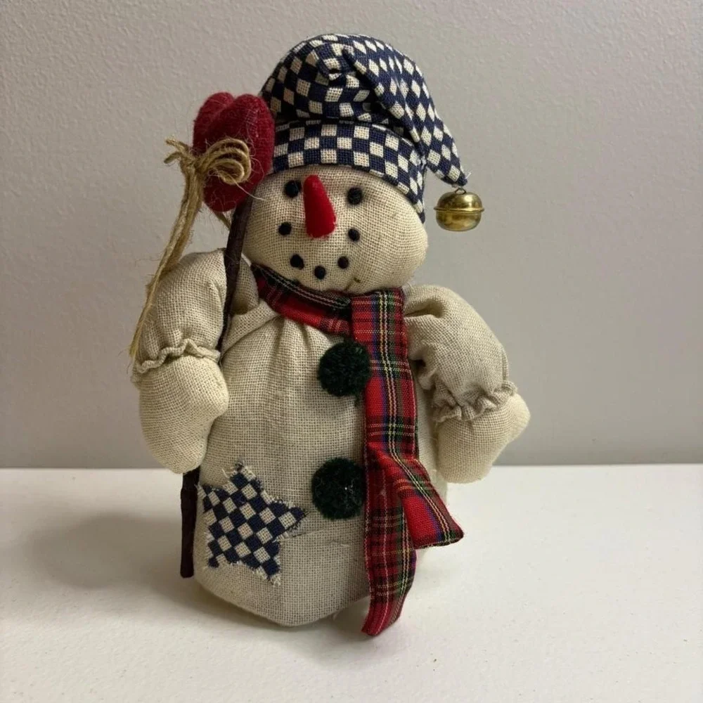 Country Snowman Plush‎ Figurine Holiday Decor Americana Star Scarf Bell